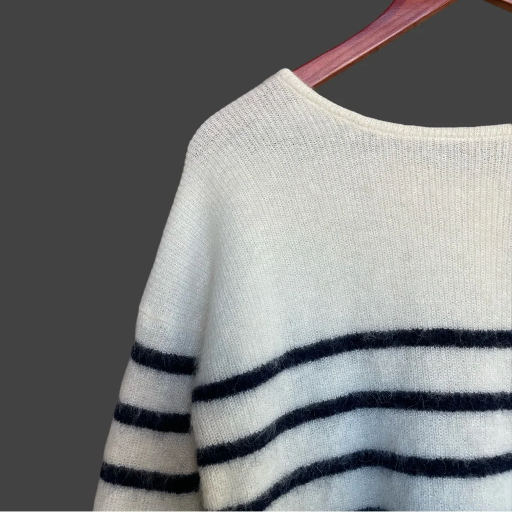 SEZANE Cream Navy Striped Mohair Alpaca Wool Reversible Gaspard Cardigan Sweater - Picture 12 of 17